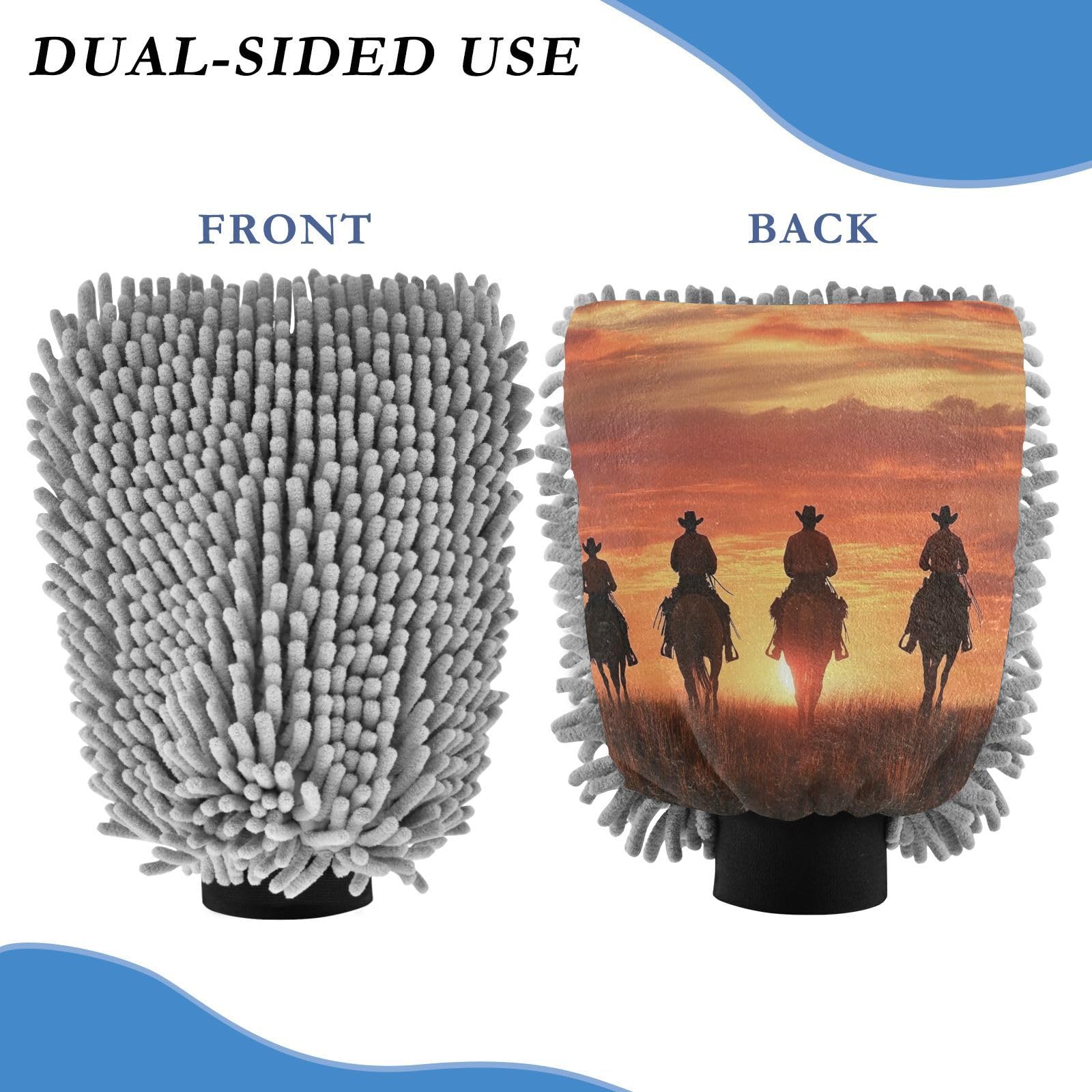 Flradish 2 Pack Western Cowboy Car Wash Mitt Chenille Microfiber Lint-Free Scratch Free Ultra-Soft Absorbent Car Wash Mitt 11.8x8.07 Inch