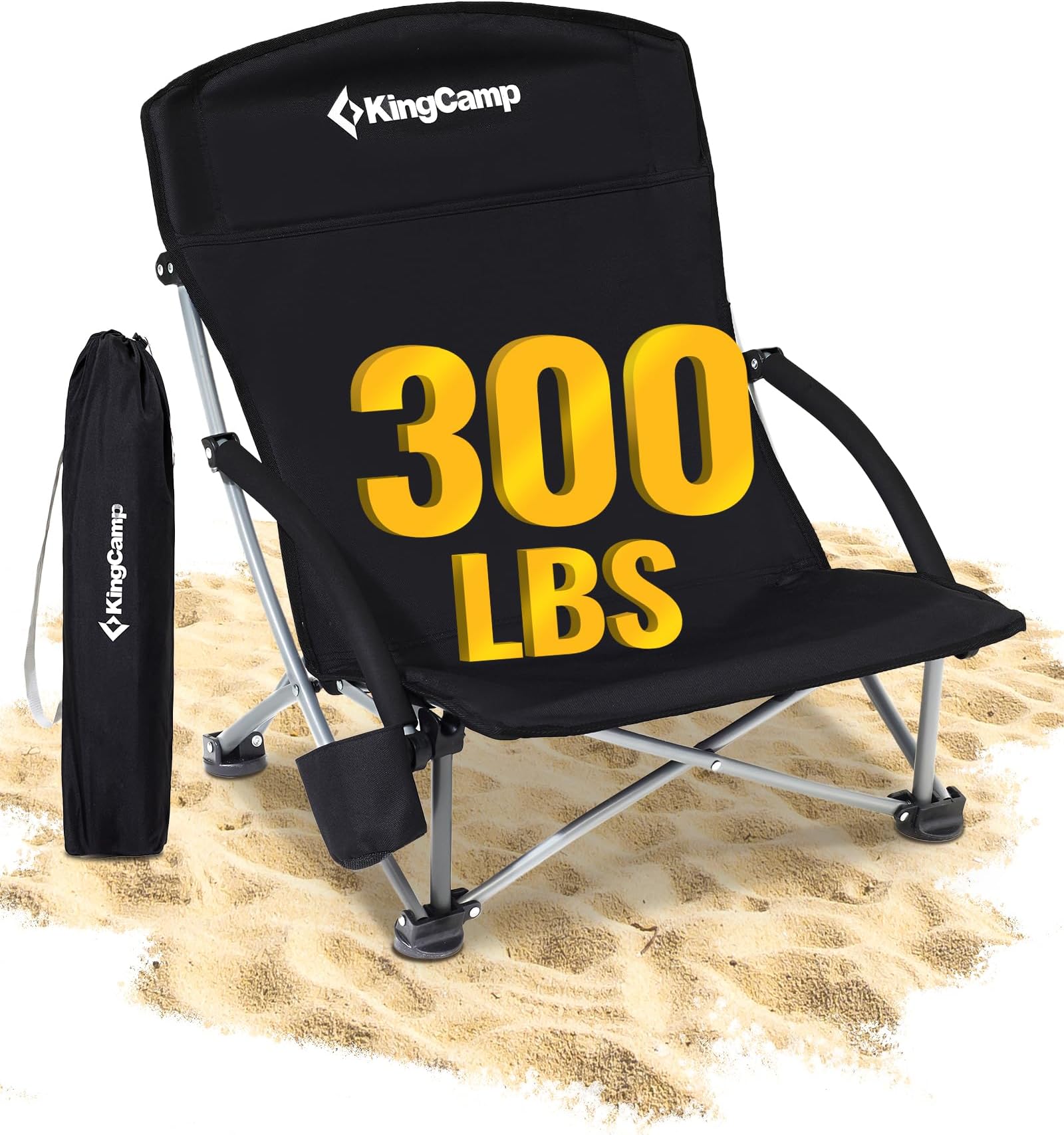 KingCamp Low Beach Chairs for Adults Folding Portable Lightweight Lawn Chair Heavy Duty Oversized Camping Chair with Cup Holder Carry Bag for Outdoor Picnic Pool Concert Travel Black