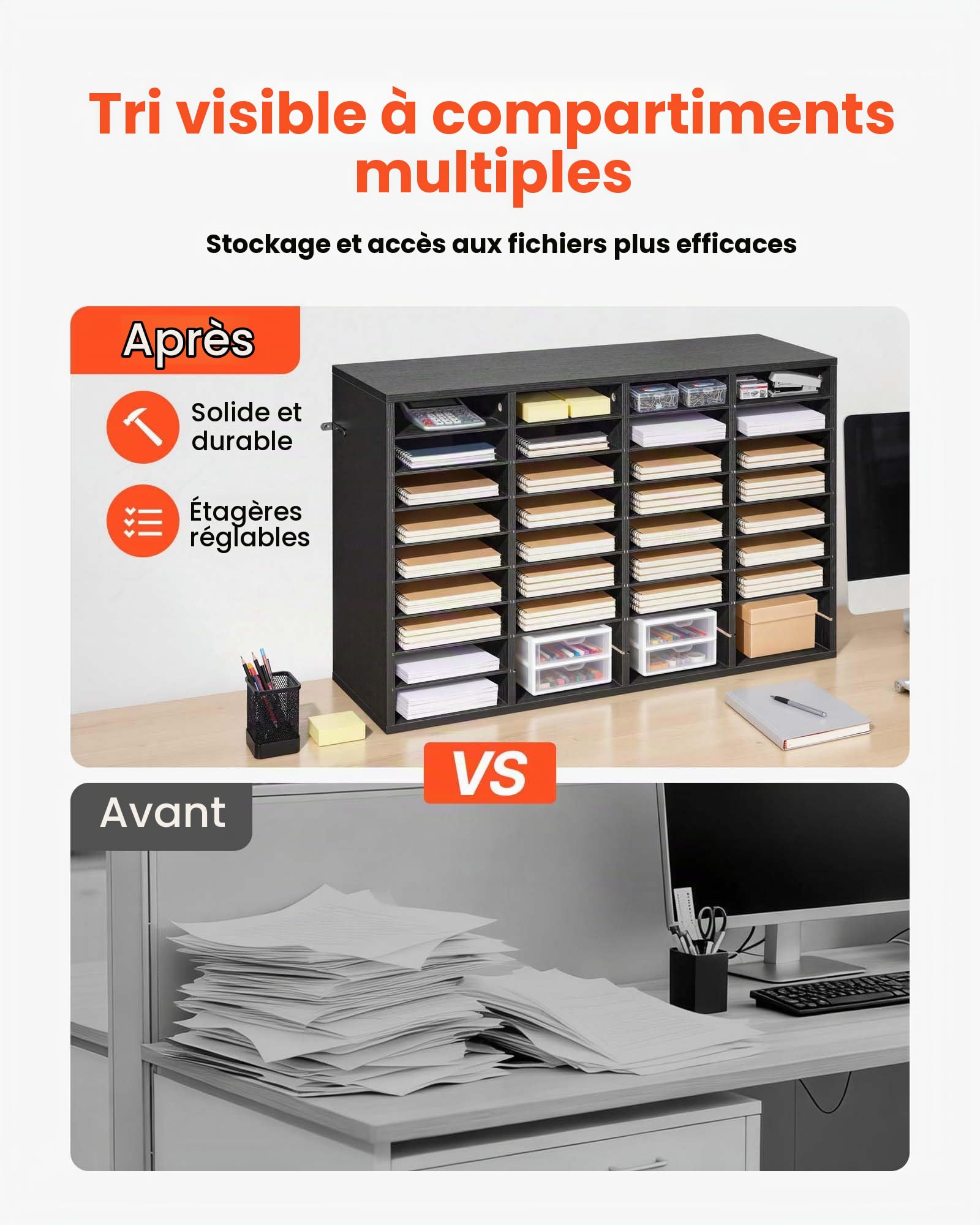 VEVOR Organisateur de Bureau en Bois, Trieur à 36 Cases avec Étagères Amovibles, pour Fichiers Documents Magazines École Maison, Casier à Courrier avec Panneaux de Particules, Classeur de Table Noir