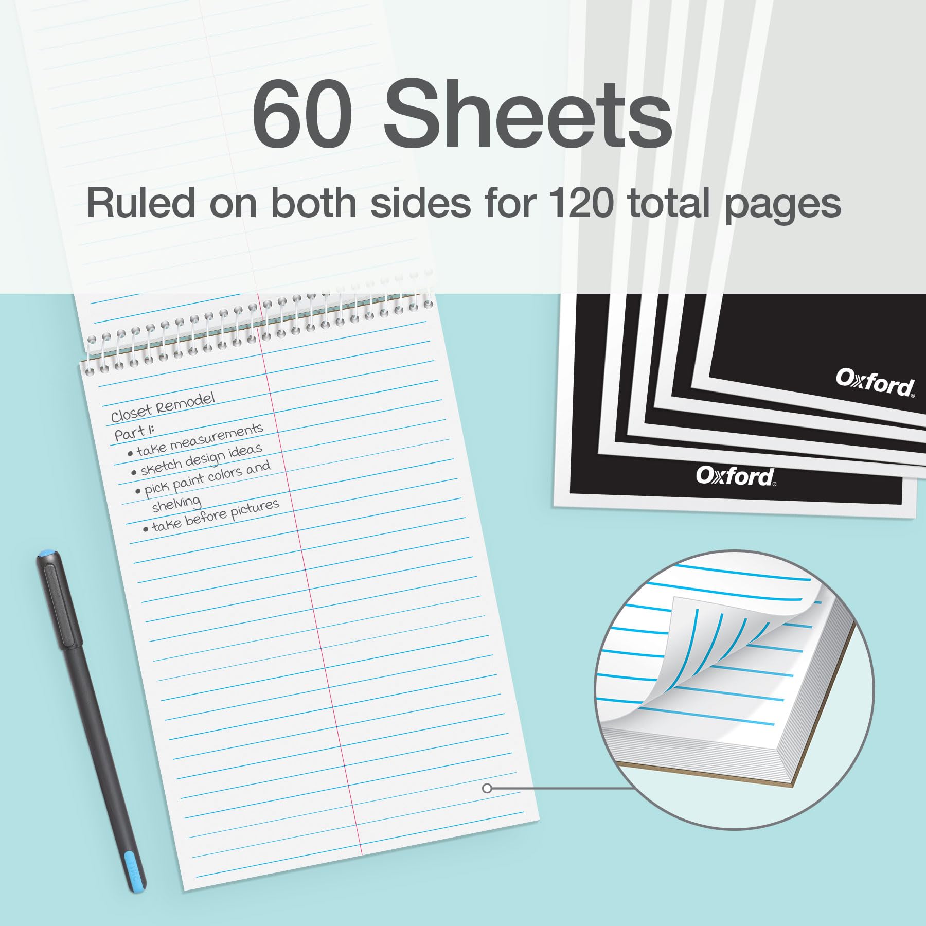 Oxford Steno - Confezione da 12 blocchetti con copertina nera, 15,2 x 22,9 cm, 120 pagine, 60 fogli, fogli a spirale superiori, carta bianca a righe Gregg, set di blocchi compatti per appunti