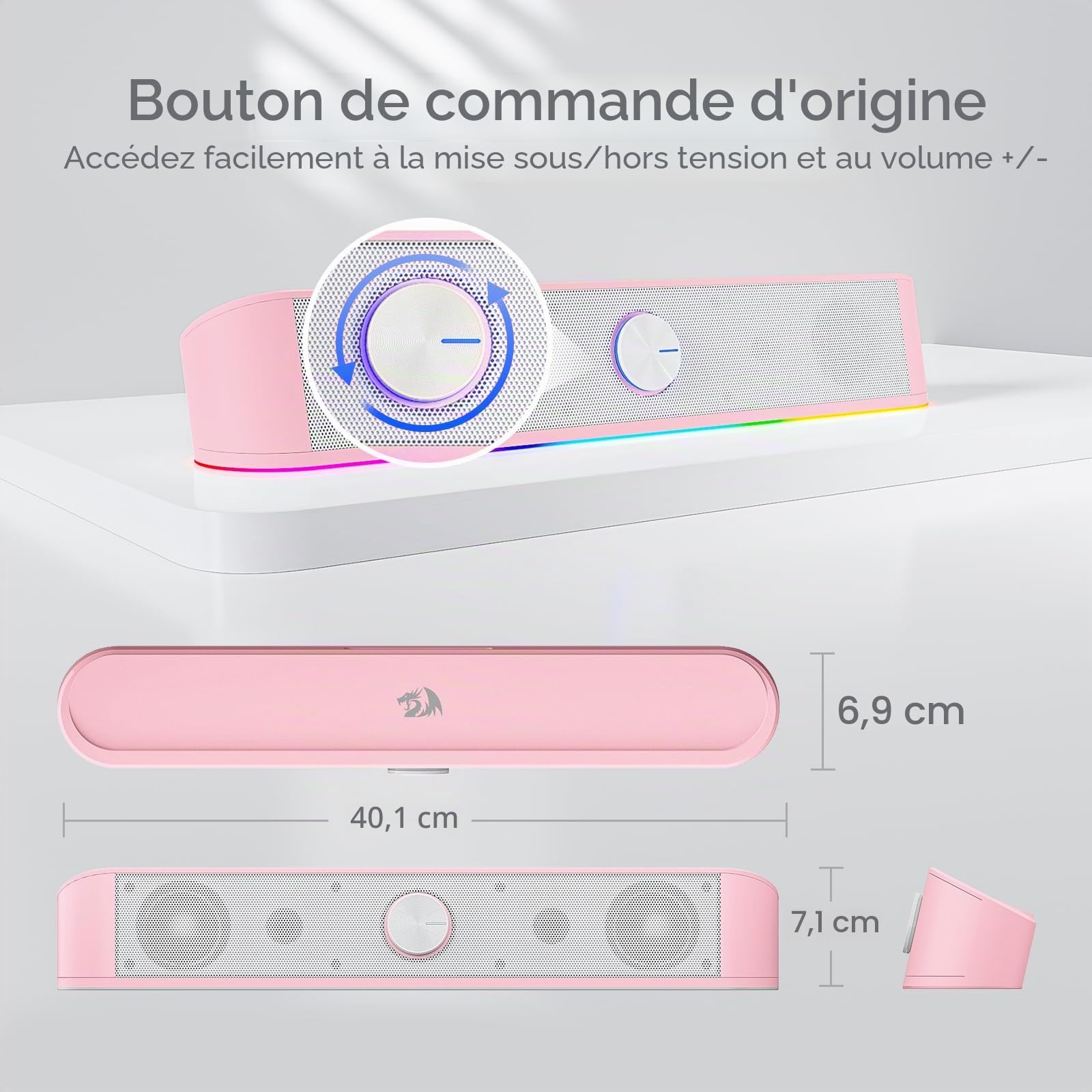 Redragon GS560 Adiemus Barre de Son de Bureau RVB, Haut-Parleur d'ordinateur 2.0 canaux avec Barre d'éclairage Dynamique, synchronisation Audio-lumière, contrôle Tactile rétroéclairé avec Bouton de