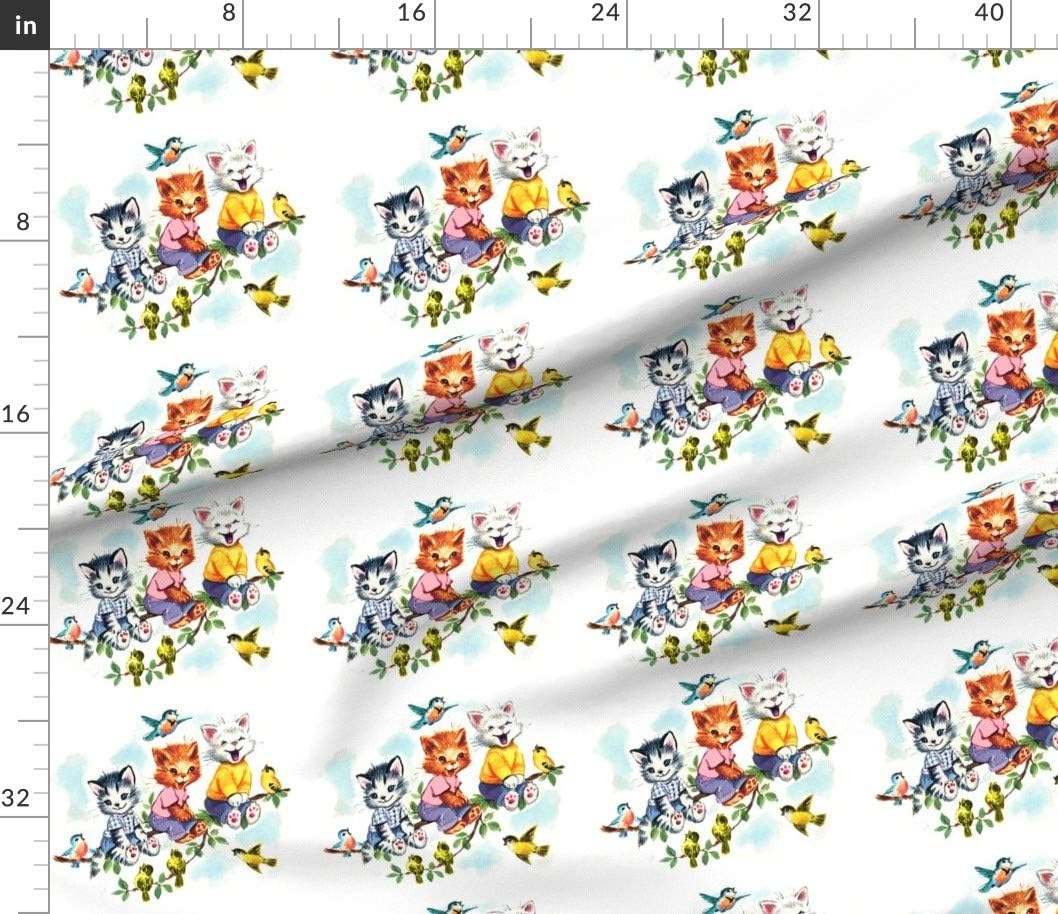 Spoonflower Fabric - Vintage Retro Kitsch Cats Kittens Birds Sky Clouds Children Nursery Printed on Petal Signature Cotton Fabric by The Yard - Sewing Quilting Apparel Crafts Decor