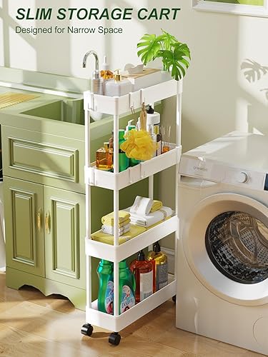 Miniatura 8 de LEHOM Carrito de almacenamiento delgado de 5.1 pulgadas, organizador de baño de 4 niveles, estantería móvil, carrito rodante, organizador deslizante