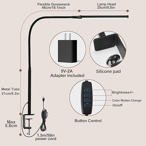 Miniatura 10 de LIBORA LED Desk Lamp with Clamp Dimmable Clip Light for Home Office 3 Modes 10 Brightness Long Flexible Gooseneck Eye-Caring Architect Table Task