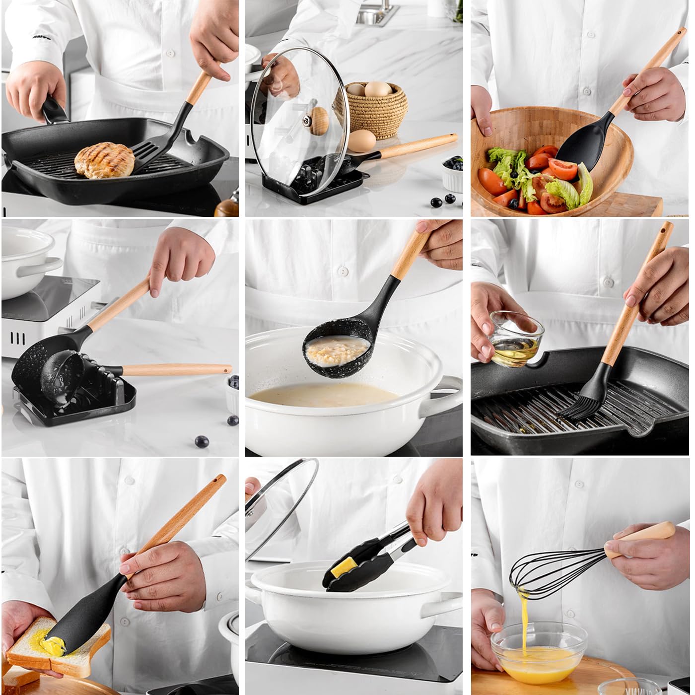 Juego de utensilios de cocina de silicona morada, 13 herramientas de cocina con mango de madera, soporte para utensilios y tapa de olla, espátula de silicona antiadherente, pinzas, batidor.