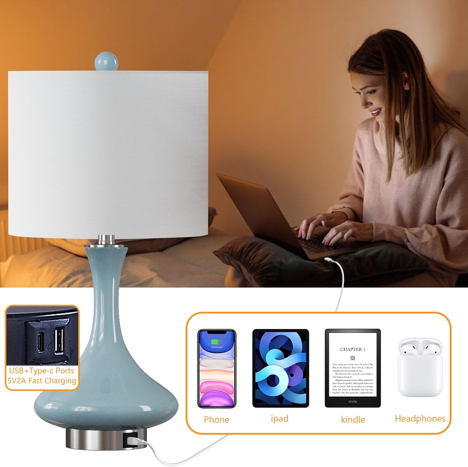 Maxax 24" Blue Table Lamp for Living Room, Modern Ceramic Lamp with USB C+A Ports, Coastal Blue Bedside Nightstand Lamp with White Shade for Bedroom Home Office