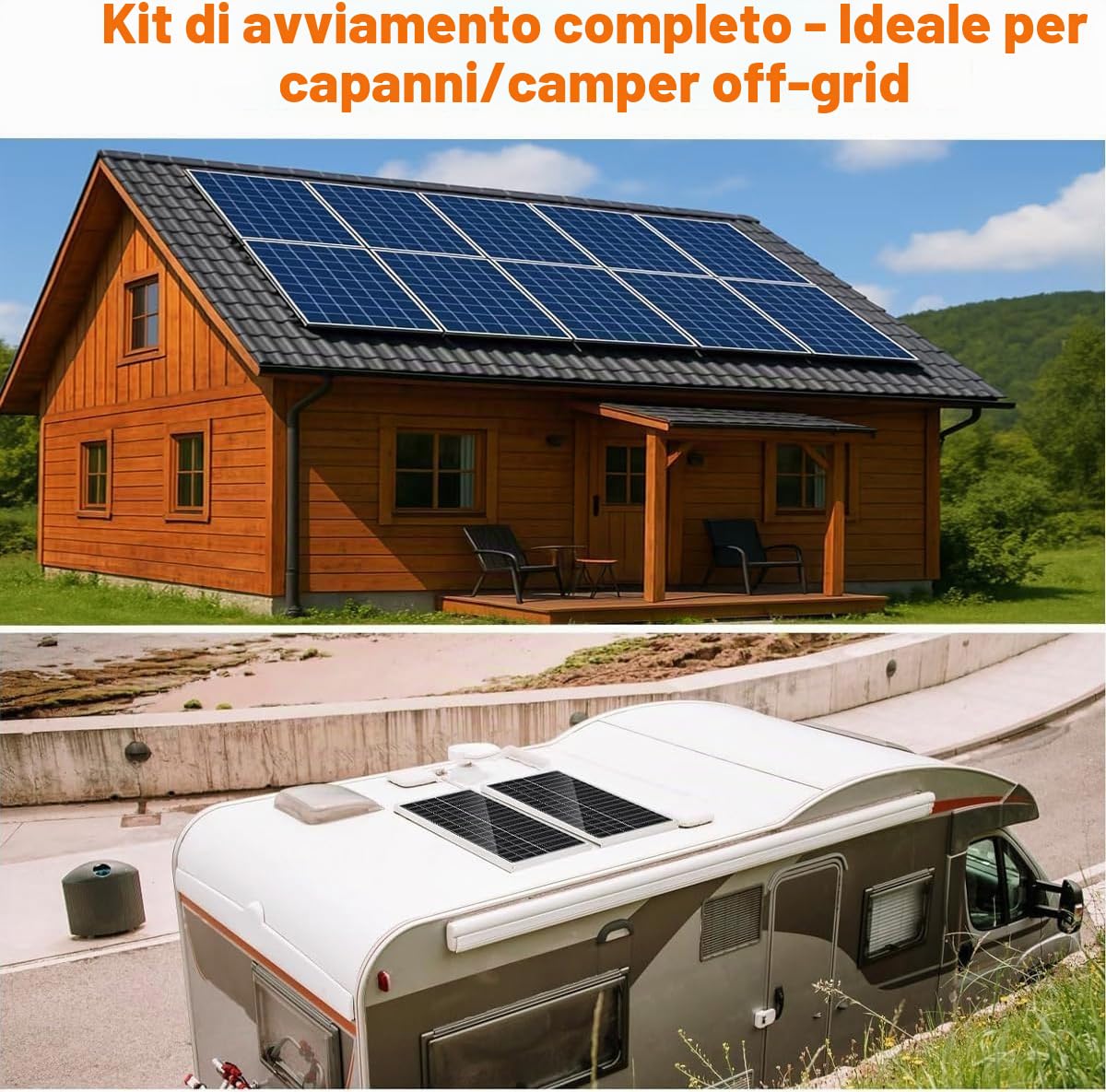 Kit completo di pannello solare da 1,92 kWh per sistema solare off-grid per camper | 2 batterie LiFePO4 al litio da 100 Ah | 4 pannelli solari mono rigidi da 120 W | Inverter di potenza da 2000 W |