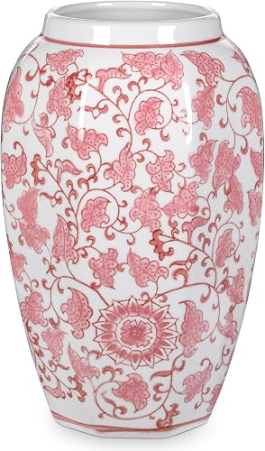 Pink Vase 8.5 Inch Traditional Chinoiserie Floral Vase Porcelain Ginger Jar Octagonal Vases Pink and White Porcelain Decor for Home, Living Room, Kitchen, Mantel, Shelf, Table