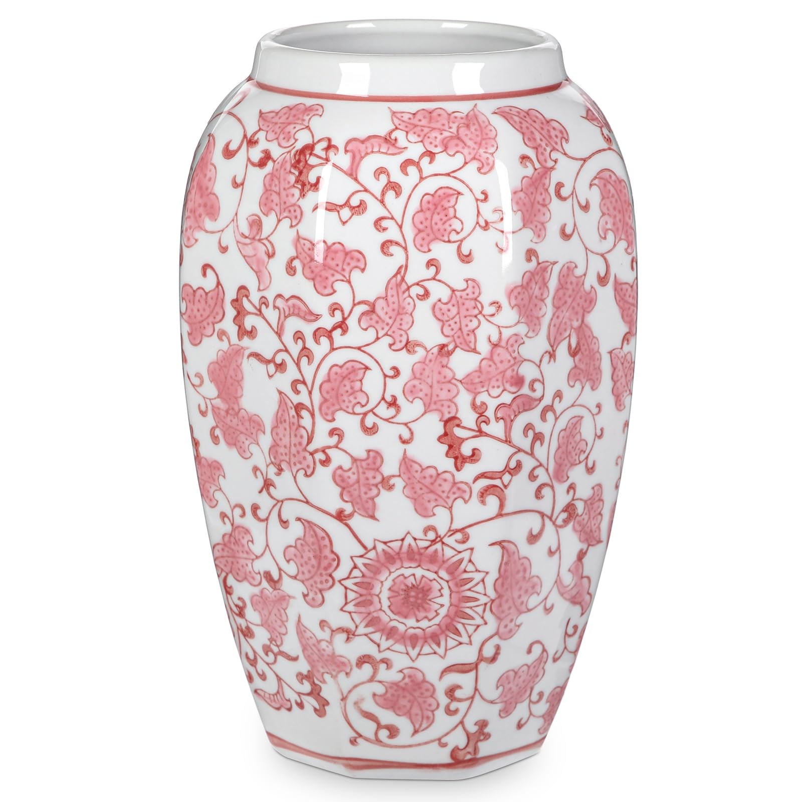 Oairse Pink and White Ceramic Vase for Home Decor 8.5" Chinoiserie Vase for Flowers Elegant Porcelain Flower Vases for Living Room, Bathroom, Dinner Table Centerpieces, Shelf Decor