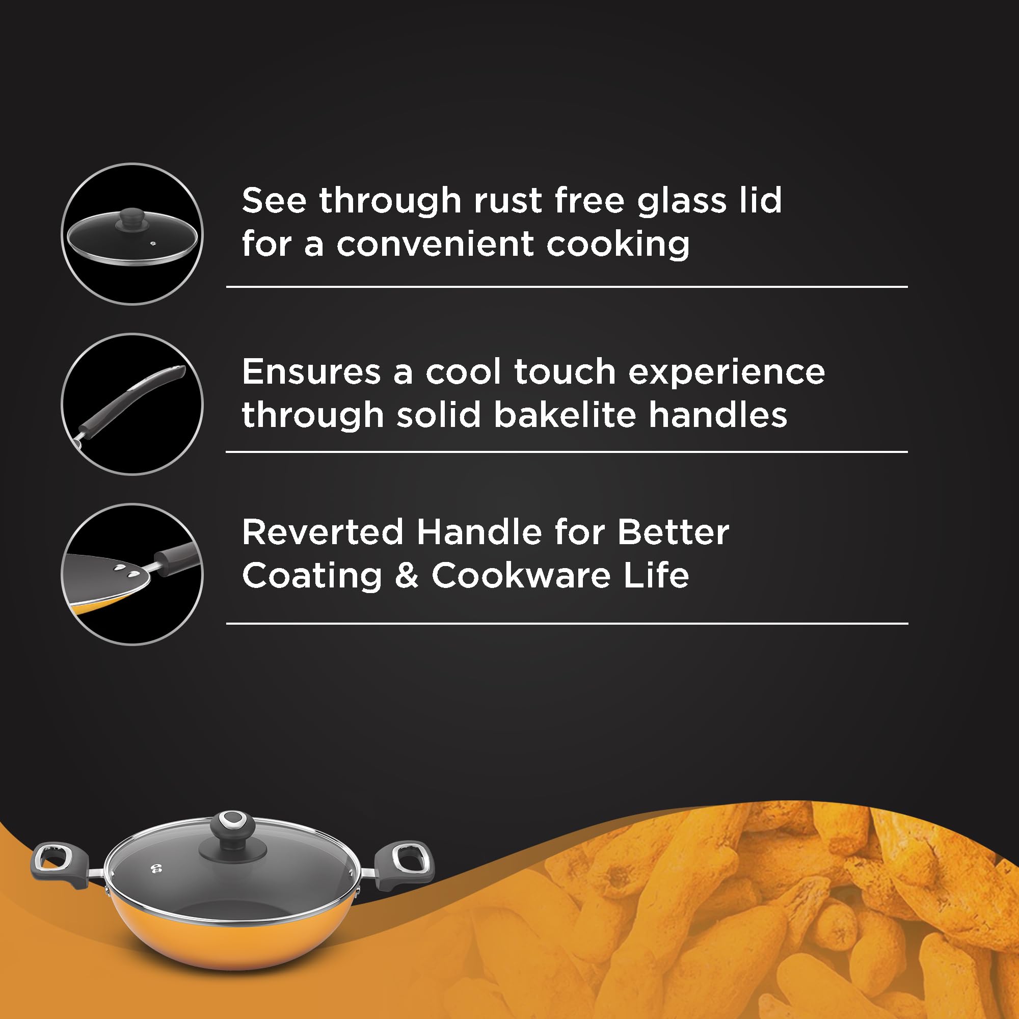 Preethi Dura Collection Non Stick Kadai, 24 cm, with Glass Lid, Gas & Induction Compatible, 5 Star Non Stick Effect, Turmeric Yellow 2