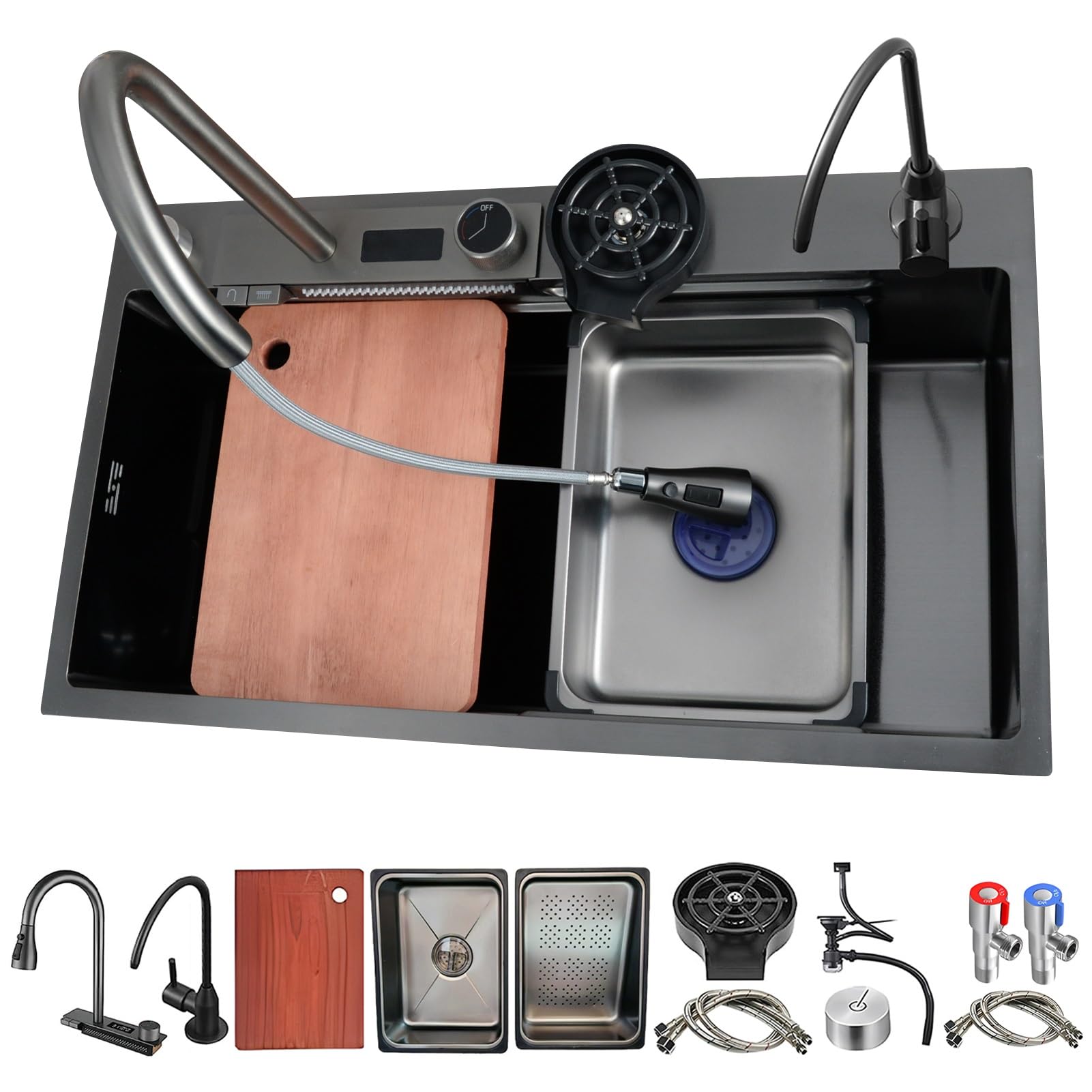 HYSOPSPX Multifunctional Large Single Bowl Kitchen Sink with Temperature Display，Waterfall Stainless Steel Sink,Topmount,Left/Right Drain & Complete Accessories(Left,68x45cm)