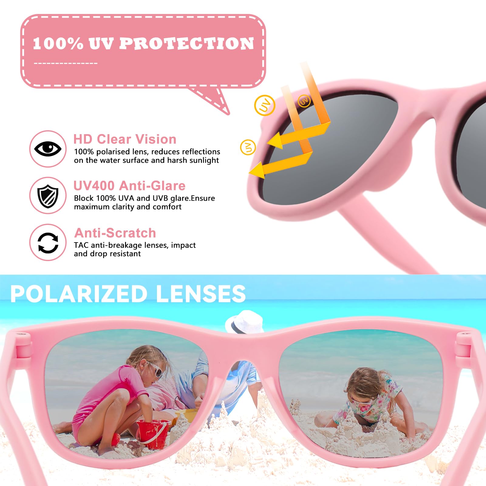 Baby Sonnenbrille Polarisierte mit Riemen Verstellbar Weicher Silikonrahmen für 0-24 Monate