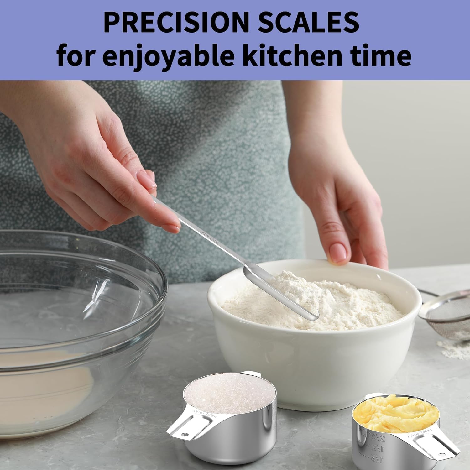Stainless Steel Measuring Cups and Spoons Set, 6 Stainless Steel Measuring Cups, 7 Measuring Spoons & 1 Leveler, 3 Plastic Measuring Cup with 1 Measuring Conversion Chart