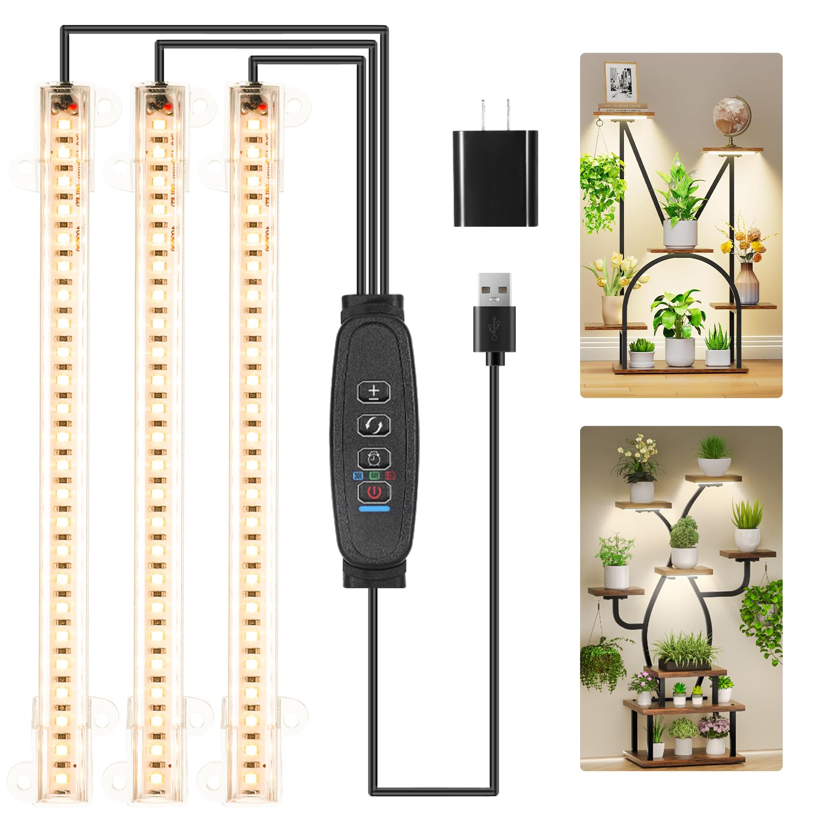 RWNTAO 3 Head 7.8 Inches LED Grow Light Strips, Grow Lamps for Indoor Plants Full Spectrum 3000K, 72 LEDs Plant Light Strips with 3/9/12H Timer, 10 Dimmable Levels for Seedling Succulent