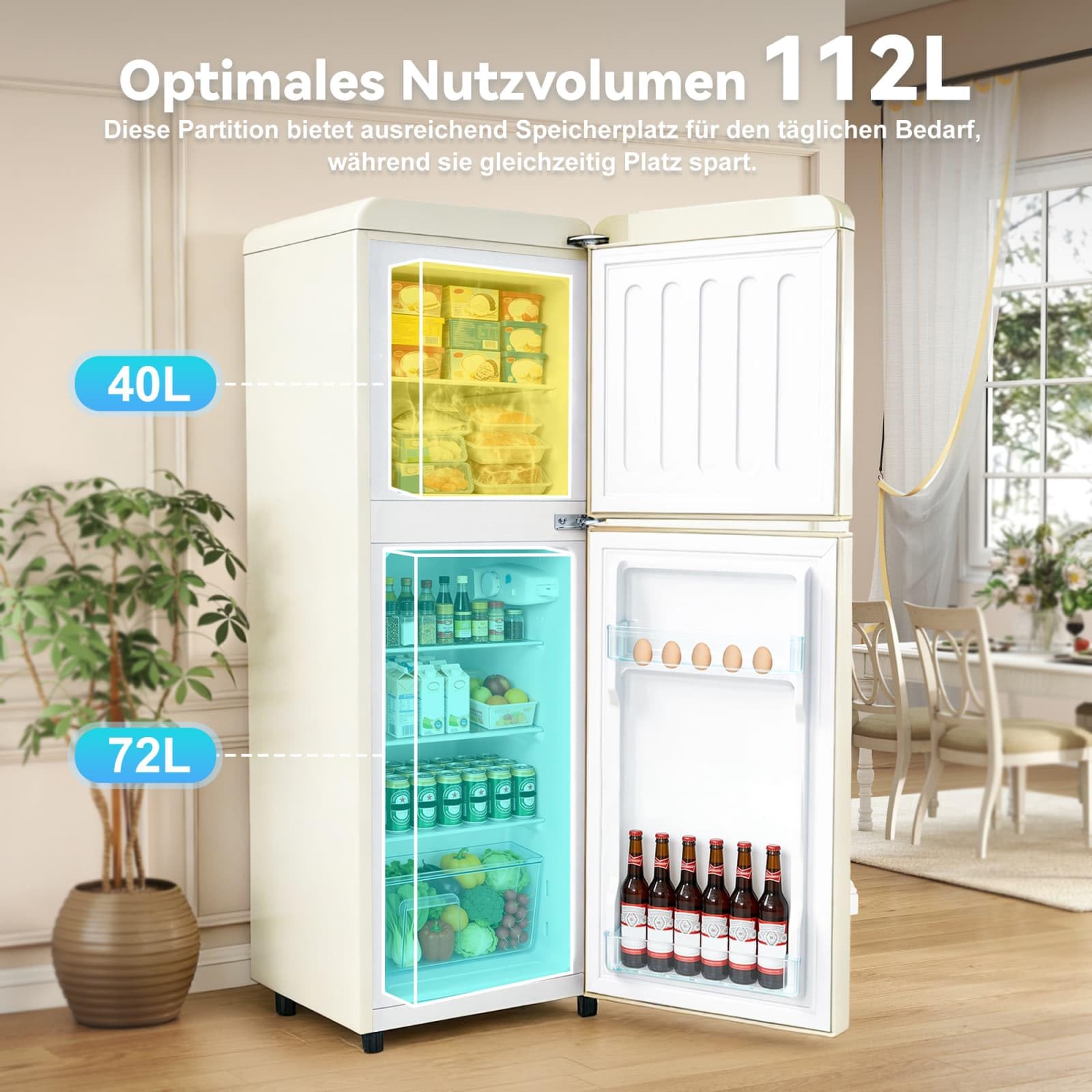 KOMHTOM Réfrigérateur à 2 Porte, Petit Frigo, Réglage de La Température à 7 Niveaux, Classe E, éclairage LED, étagères Réglables, pour Cuisine et Salon (Blanc, 112L)