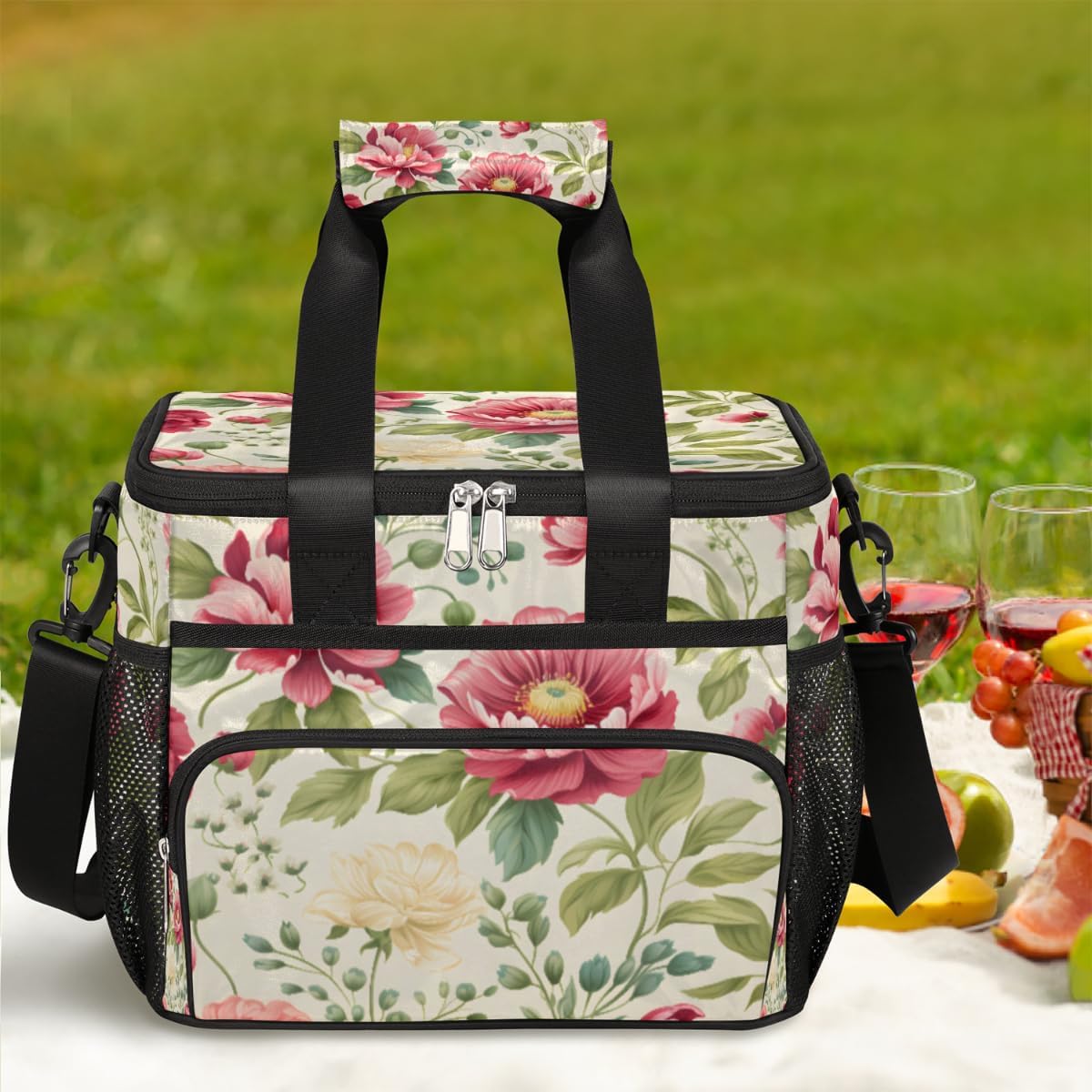 Beautiful Insulated Picnic Backpack Lunch Box for Women Men Picnic Basket Tote Lunch Bag Picnic Bag Portable Lunch Bags for Picnic, Beach, Work, Trip,Office, Camp Flower with Leaves
