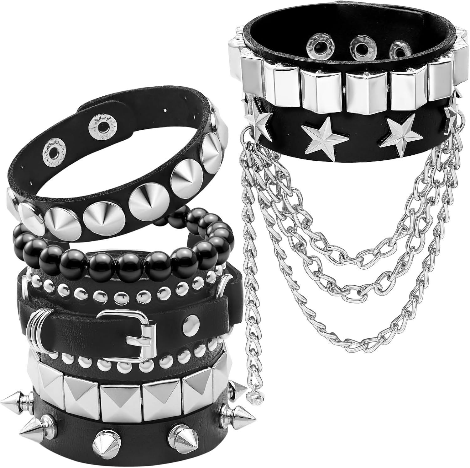 RechicGu 6 Pcs Emo Punk Rock Spiked Studded Bracelets Set for Women Men Goth Punk Grunge Accessories Adjustable PU Leather Cuff Bracelets Retro Beaded Y2K Star Chain Wristband for Alt Gothic Outfits