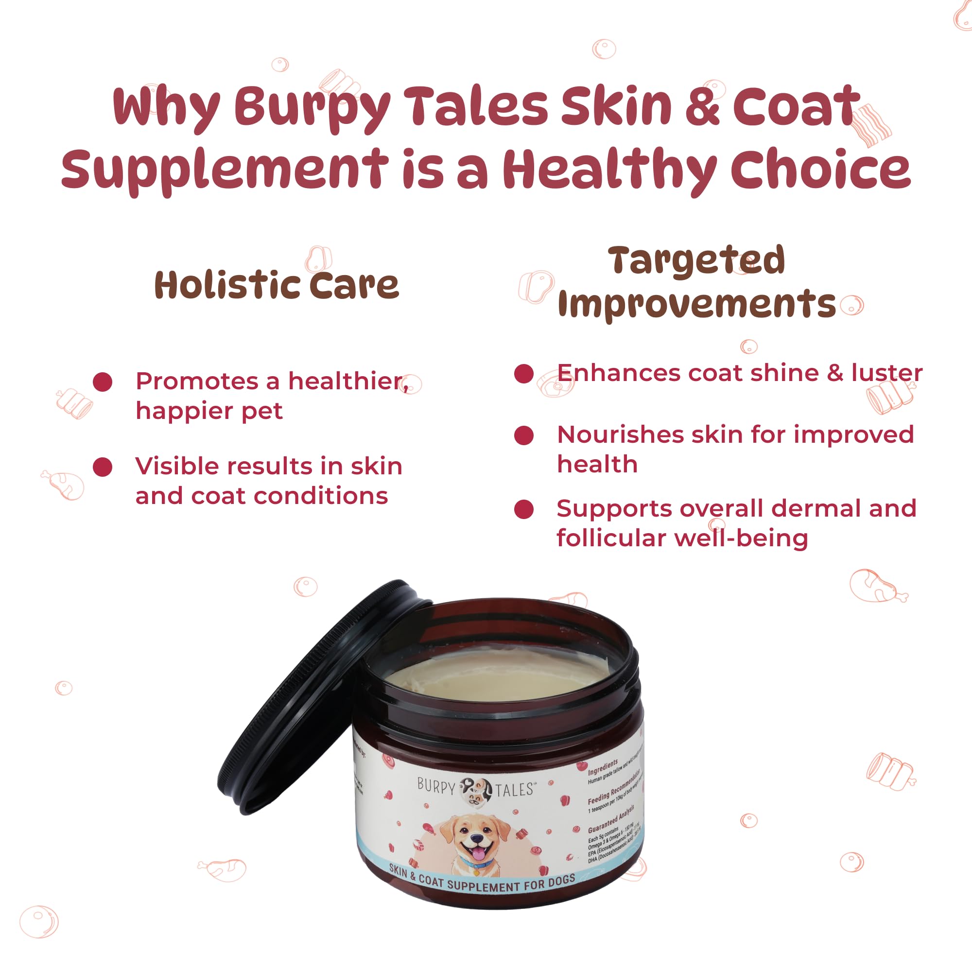 Burpy Tales Skin & Coat Yummy Supplement for Dogs - with Sardine Fish Oil for Adult & Puppy Dogs, Omega 3 6 Support for Pet, Hair Fall & Allergy Control for A Shiny Coat, Daily Food Topper, 200gm 4