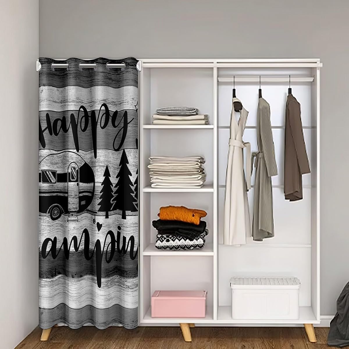 Happy Camping Door Curtain for Youth Adult,Grey Vintage Barn Wooden Board Decor Blackout Curtain 34" W X 80" L,RV Camper Trailers Travell Western Farmhouse Door Drape