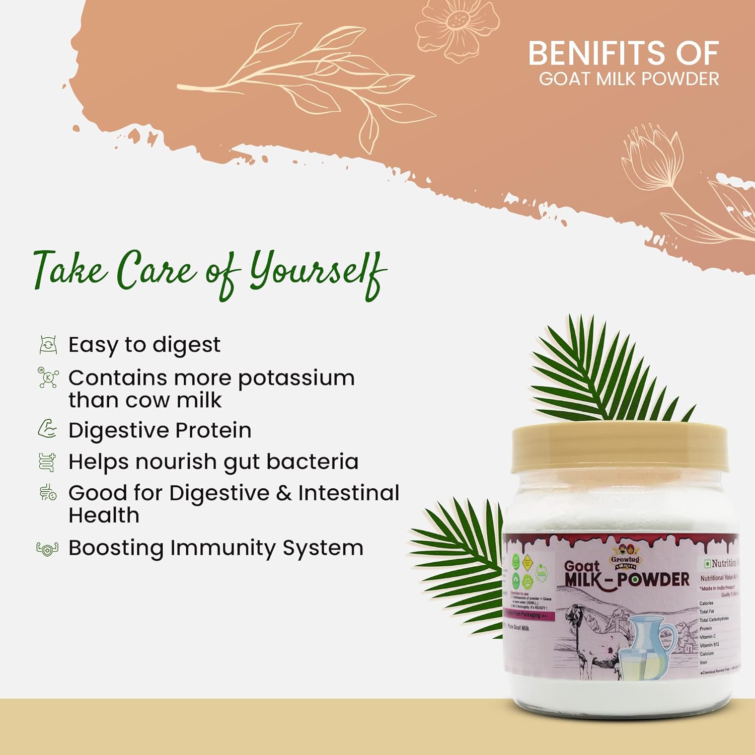 Growing Villagers Organic Goat Milk Powder | Grass Fed Goat Whole Milk Powder | Gluten Free No Additives No Preservatives | 2 Jars Of 150 Grams Each