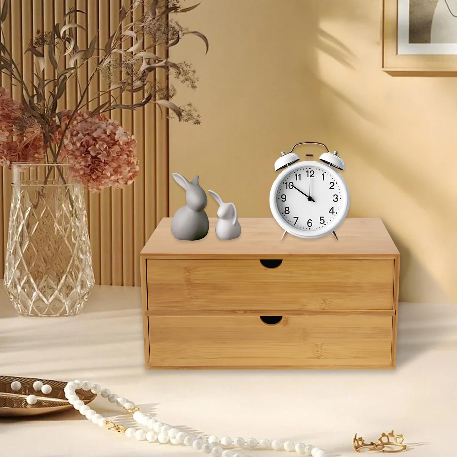 Schubladenbox aus Bambus 33x19x16cm, Schreibtisch Organizer mit 2 Schubladen - Mini Kommode Holz für Büro & Kosmetik, Desk Organizer in Naturfarbe, Perfekt für Home Office