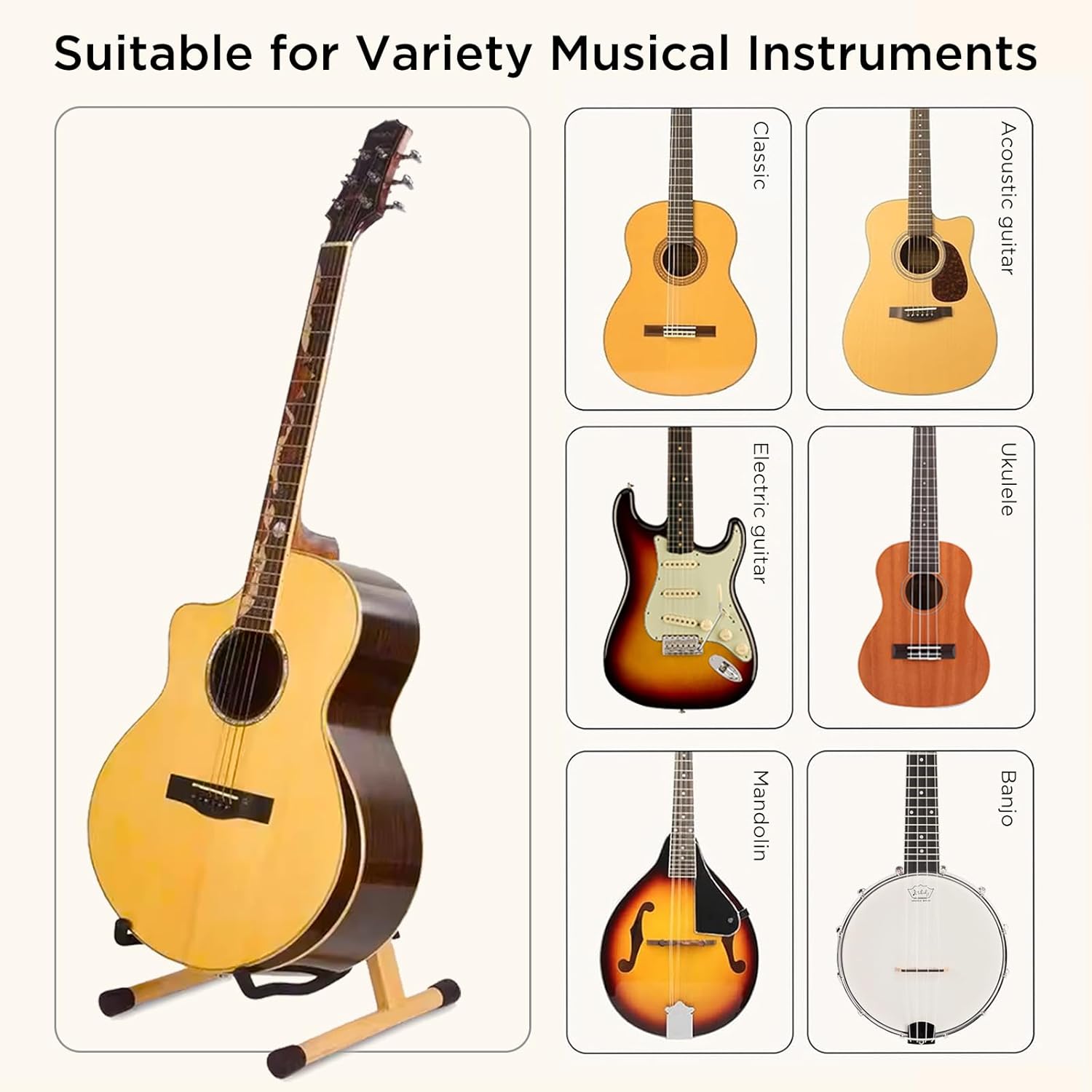 Wood Guitar Stand, Foldable A-Frame Wooden Floor Stand for Acoustic, Electric, Classical & Bass Guitars, Mandolin, Banjo, Ukulele | Stable Musical Instrument Support Holder.