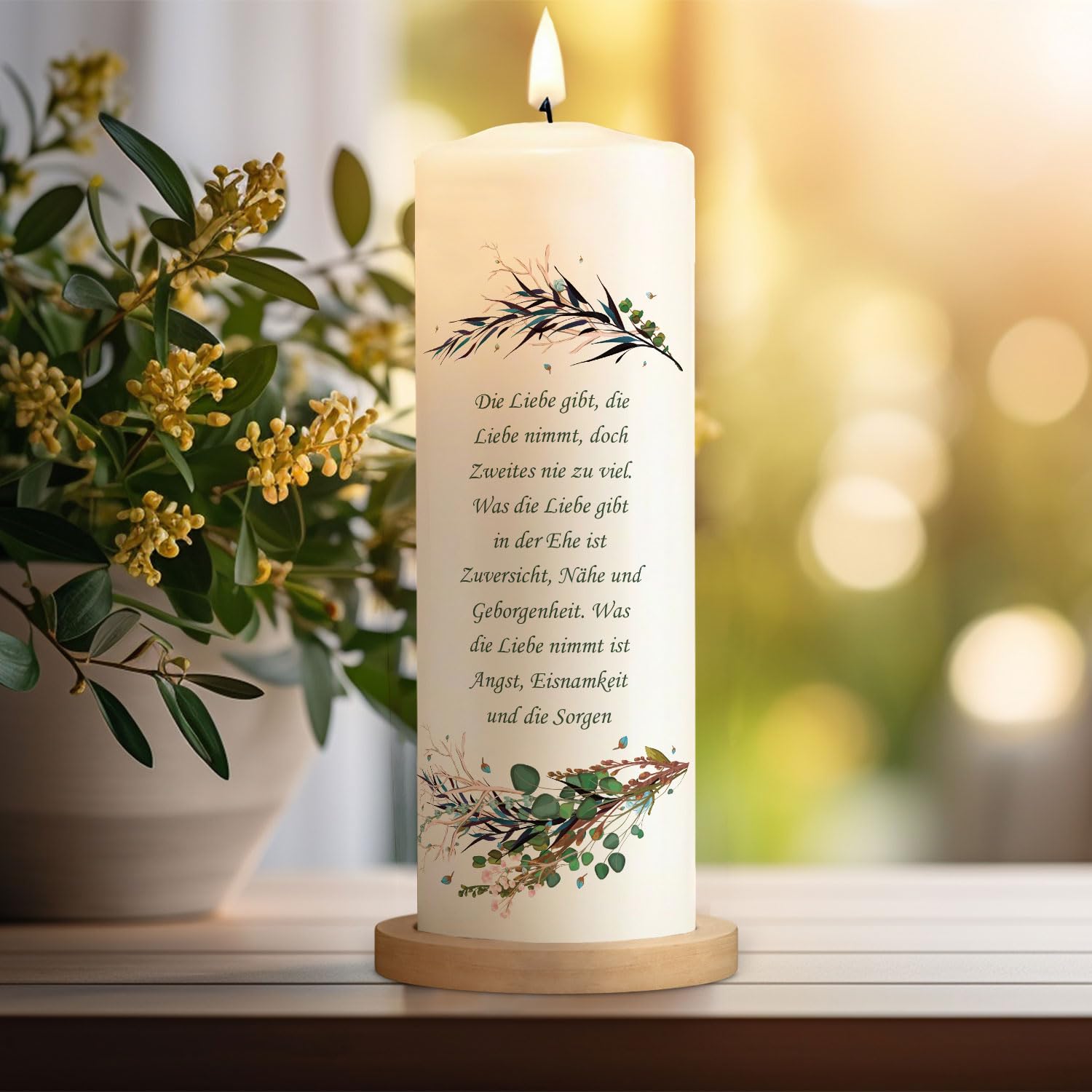 GRAVURZEILE Candela stampata, motivo floreale, personalizzabile, con nome, data e testo desiderato, regalo per matrimonio alla coppia di sposi, 8 cm x 25 cm (diametro x altezza) bianco