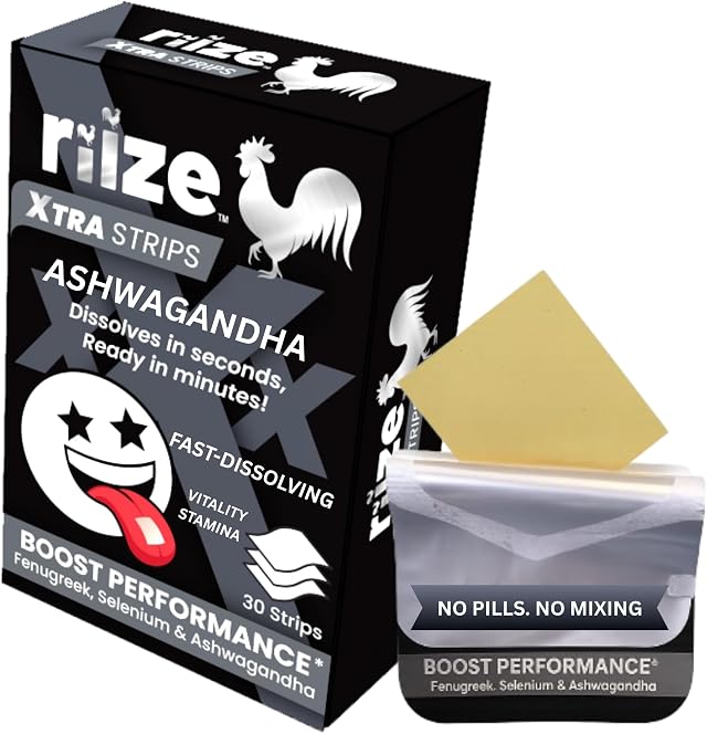 Riize Xtra Strips - Fast-Dissolving Oral Strips with Ashwagandha and Fenugreek for Performance and Stamina - 1 Month Supply - 30 Count