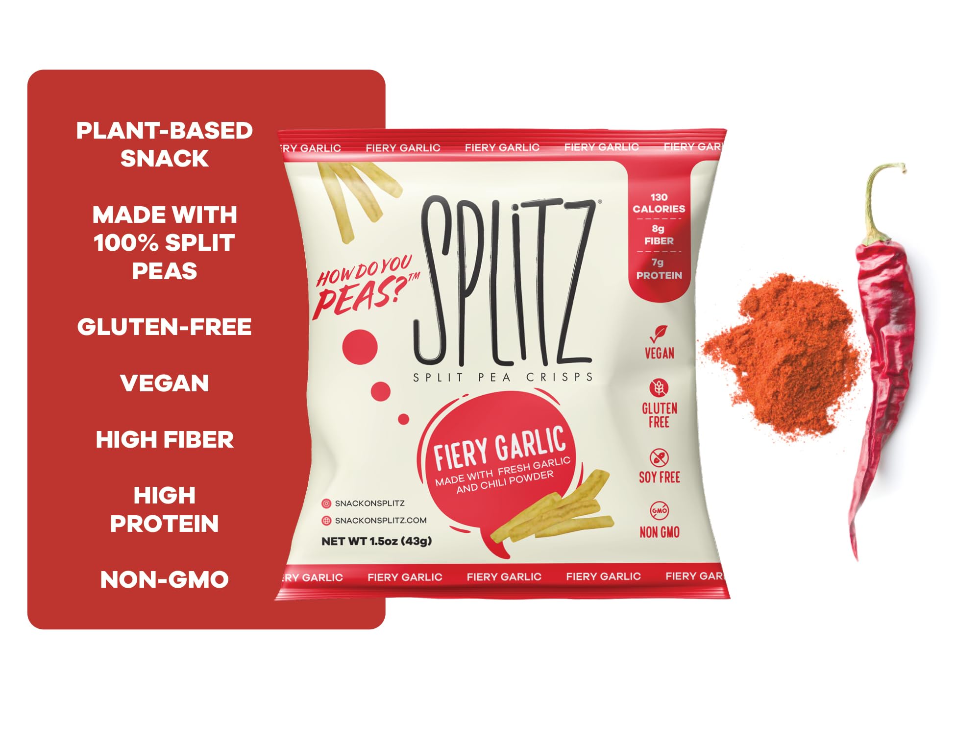 SPLITZ Split Pea Crisps Fiery Garlic (1.5oz) 16ct Plant-Based, Organic, Non-GMO, Vegan, Gluten-Free, Superfoods, Healthy Snack for Kids and Adults,