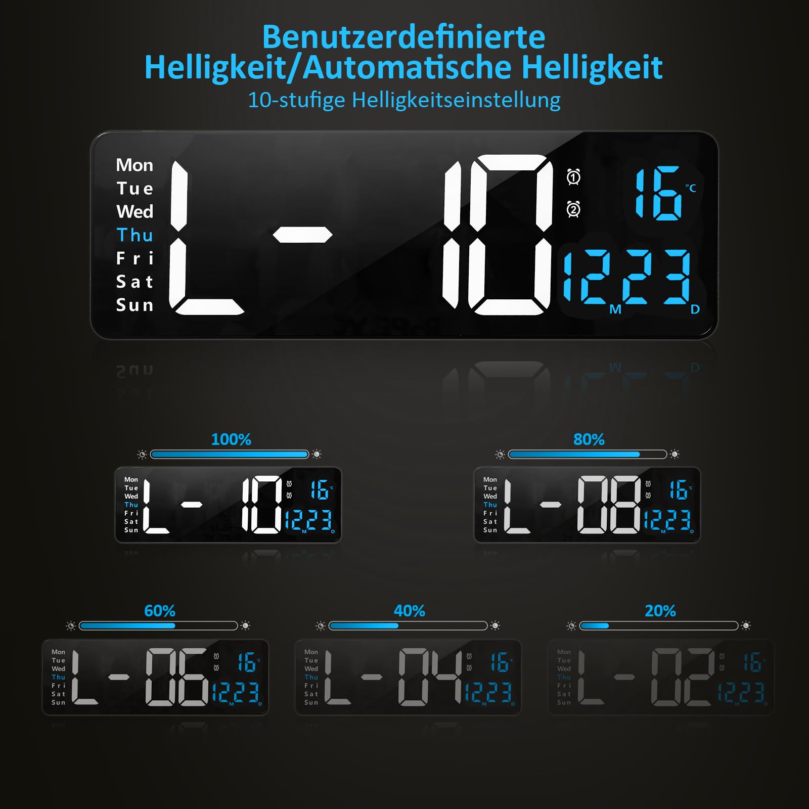 Orologio da parete digitale a LED, 40 cm, con conto alla rovescia, luminosità regolabile, con ora/data/temperatura, per soggiorno, cucina, ufficio, palestra, blu