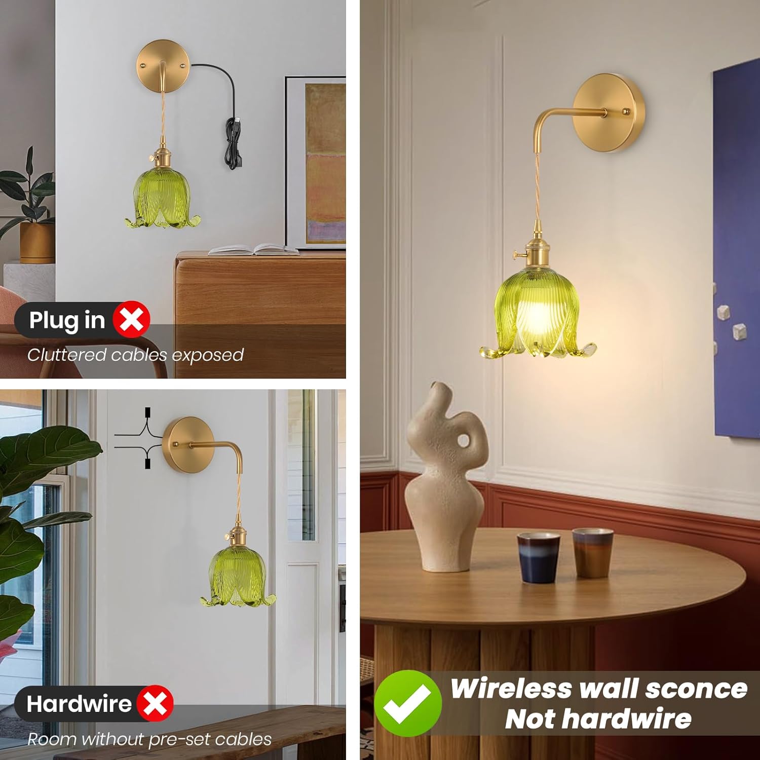 Battery Operated Wall Sconce Set of 2,Adjustable Chain Retro Gold Wall Mounted Light,Rechargeable Wall Light with Remote, Wireless Indoor Wall Lamp for Living Room Bedroom