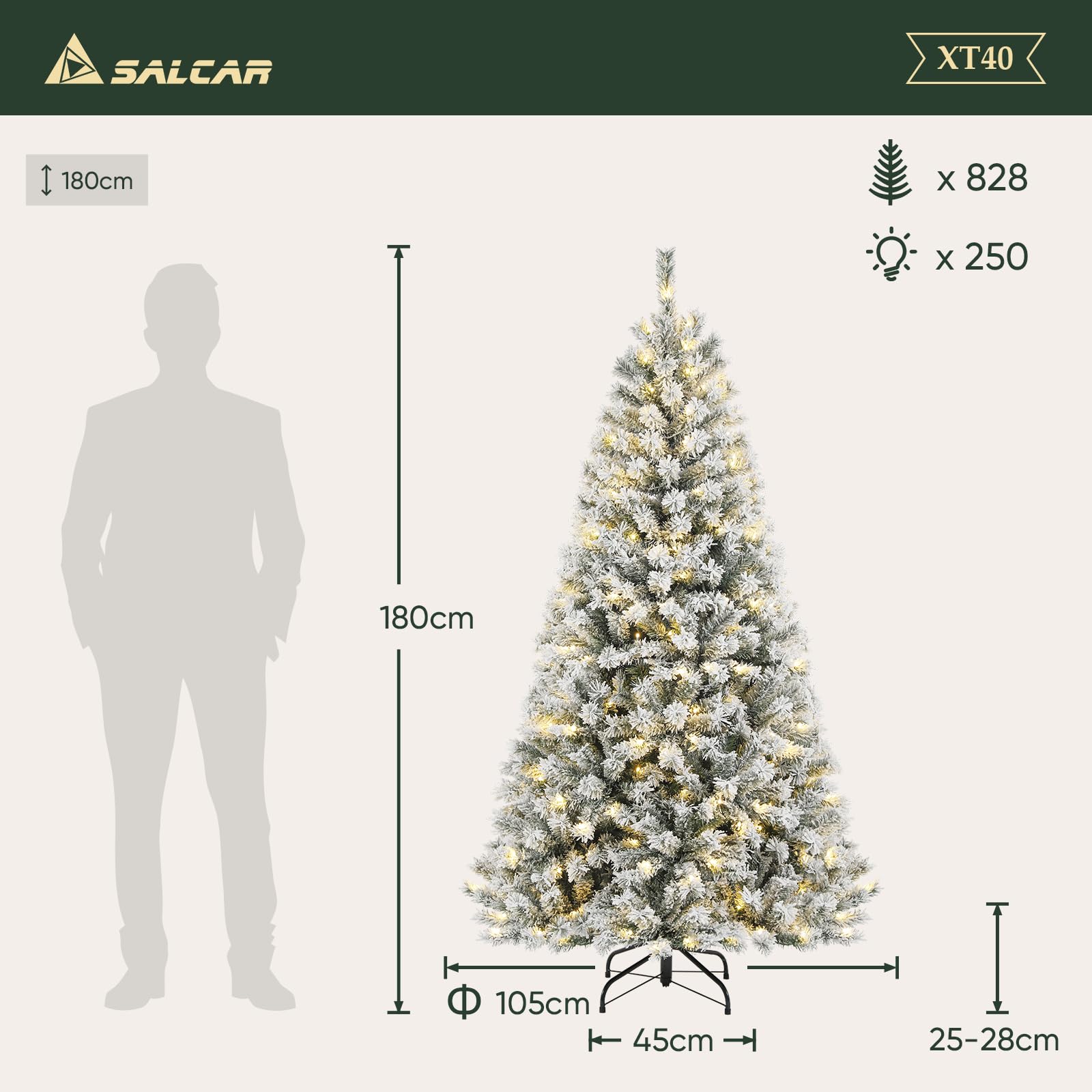 SALCAR Arbol de Navidad Blanco Artificial 180 cm, Árbol de Navidad Nevado con Guantes y 828 Puntas de Rama, Pino de Navidad con Soporte de Madera, Abeto, Ignífugo