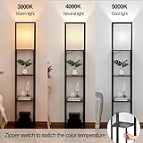 Floor Lamp with Shelves, LED Modern Wood Shelf Floor Lamp with 3 Color Temperature E27 Bulb and White Linen Shade, Corner Display Storage Standing Lamp for Living Room, Bedroom, Office (Black) - 3