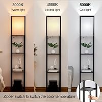 Omdekor Állólámpa Polcokkal LED Fénnyel, Modern Fa Tárolós Álló Lámpa Fehér Vászon Ernyővel, Fekete Sarok Világítás Nappali Hálószoba Iroda 4