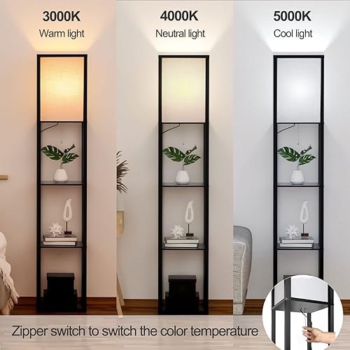 Floor Lamp with Shelves, LED Modern Wood Shelf Floor Lamp with 3 Color Temperature E27 Bulb and White Linen Shade, Corner Display Storage Standing Lamp for Living Room, Bedroom, Office (Black) - 3