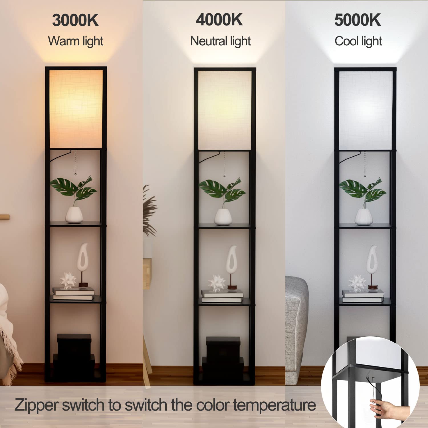 Omdekor Stehlampe mit Regal aus Holz, Stehlampe Wohnzimmer mit 3 Farbtemperatur, Stehleuchte 1.62M mit Lampenschirm, Moderne Schwarz Standleuchte mit 3 Holzregale für Whonzimmer Schlafzimmer Büro