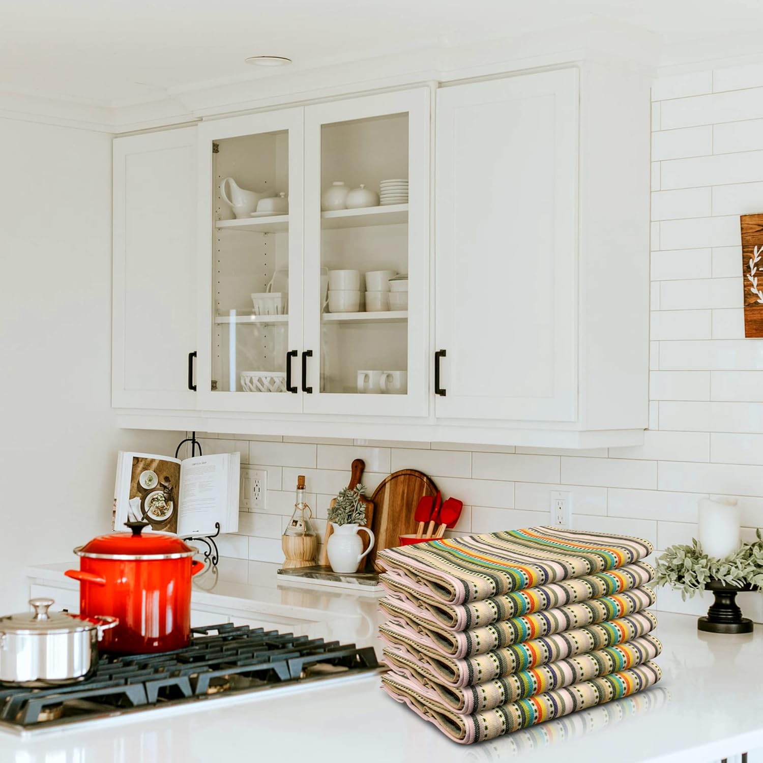 Urban Villa Kitchen Towels Beige Stripes Dish Towels for Kitchen Set of 6 20x30 inches 100% Cotton Highly Absorbent Dish Cloths & Dish Towels with Hanging Loop Bar Hand Tea Towels - Image 2