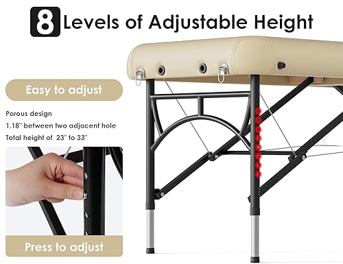 Miniatura 28 de CLORIS Mesa de masaje profesional de 84 pulgadas, portátil, 3 plegables, ligera, para salón facial, spa, cama de tatuaje, altura ajustable con bolsa