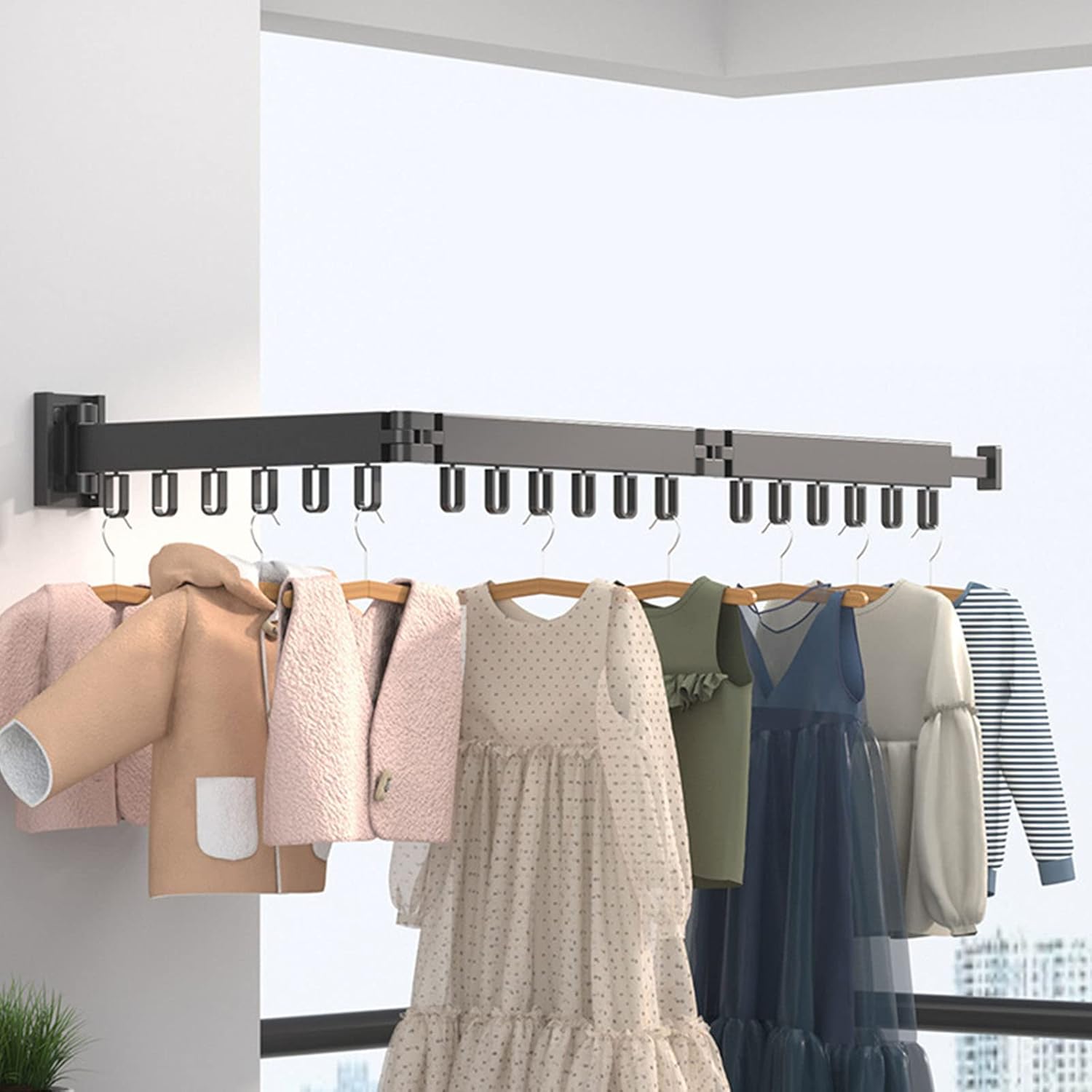 Clothes Drying Rack Wall Mounted Laundry Clothing Folding Racks Space Saving Retractable Rod,Small Invisible Foldable Hanger for Coat,