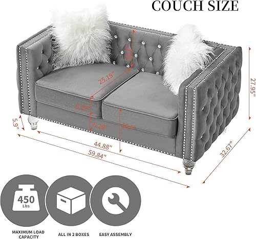 Miniatura 2 de Sofá Chesterfield de 60 pulgadas, moderno sofá biplaza tapizado de terciopelo de mediados de siglo con 2 almohadas y patas acrílicas, sofá vintage