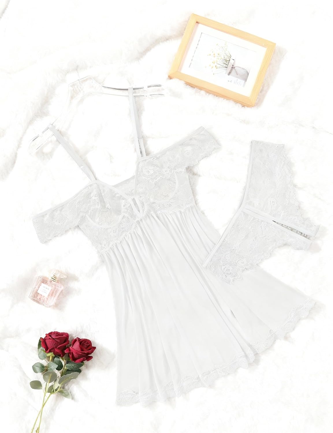 Avidlove Sexy Cut Out Off Shoulder Sheer Mesh Lace Wireless Babydoll Lingerie Dress with Thong 2 Piece - Image 2