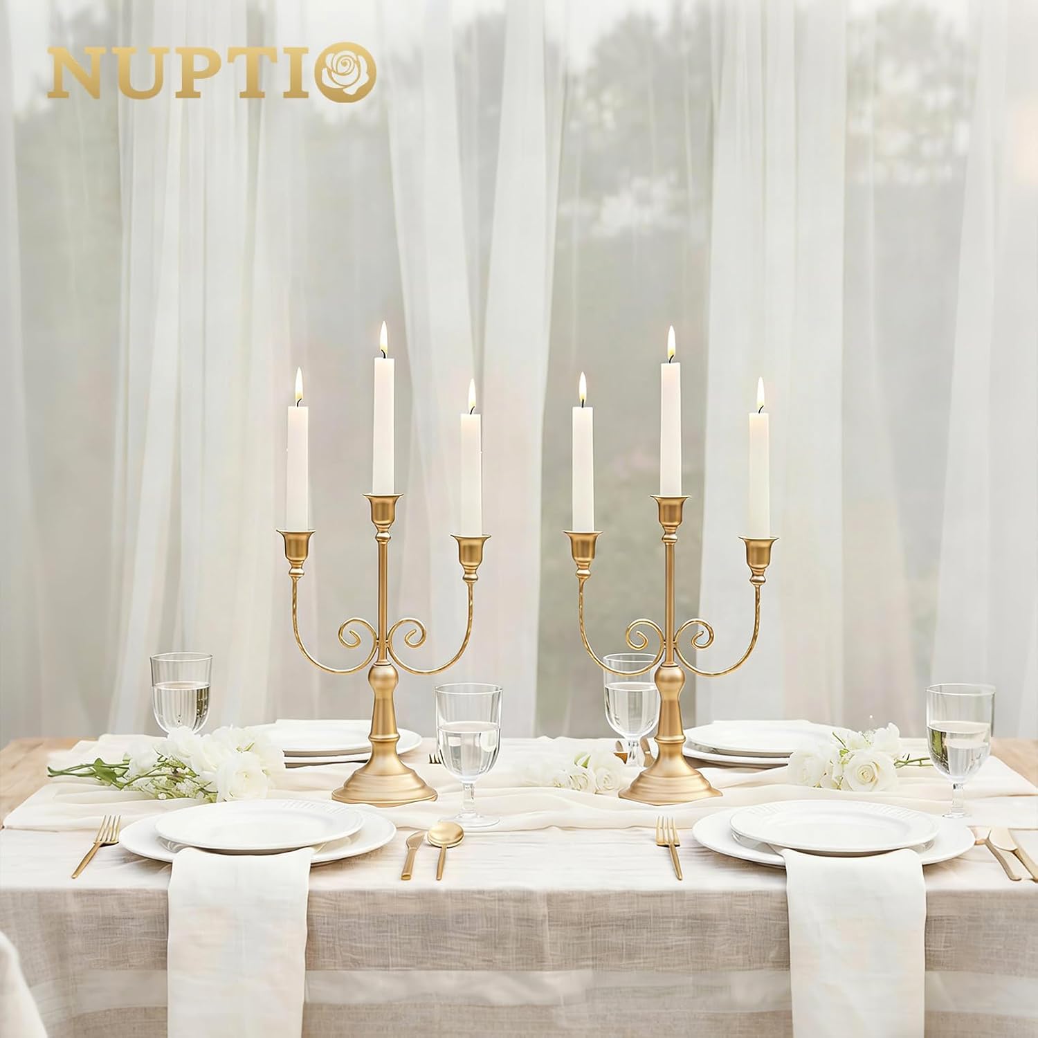 NUPTIO Candlestick Holders Candelabras Gold Candle Stick Stands 2 Pcs Metal Candelabra Centerpieces Candlestick Holders for Tapered Candles Wedding Birthday Party Dining Table Christmas Decoration 11"
