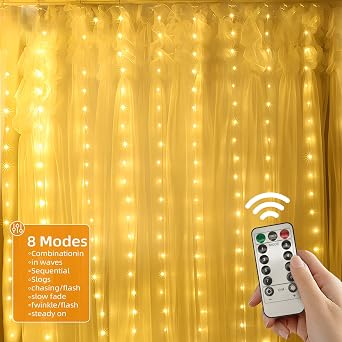 Jsdoin Curtain Fairy Lights, 3.6m x 3m 360leds USB Operated 8 Modes String Light Indoor Waterproof Hanging Window Lights with Hooks for Christmas, Wedding, Party,Wall, Home Decorations (Warm White) [Energy Class E]