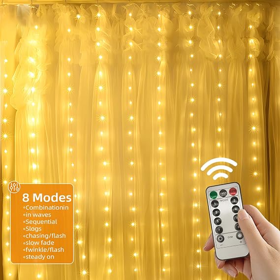 Jsdoin Curtain Fairy Lights, 3.6m x 3m 360leds USB Operated 8 Modes String Light Indoor Waterproof Hanging Window Lights with Hooks for Christmas, Wedding, Party,Wall, Home Decorations (Warm White) [Energy Class E]