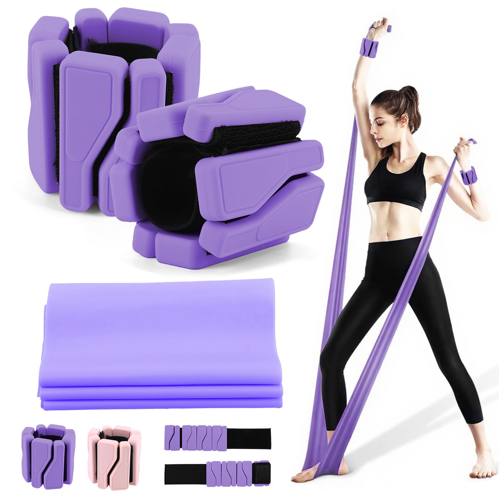 Wrist and Ankle Weights for Women Adjustable Arm and Leg Weights Set of 3(1lb Each) with Exercise Bands(25 lbs) Wearable Wrist Weights for Yoga,Pilates,Running, Fitness,Physical Therapy(Purple)