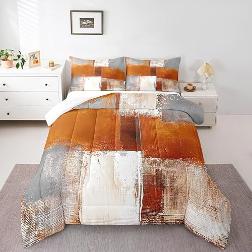 Miniatura 2 de Erosebridal Juego de ropa de cama de tamaño King, color naranja degradado, edredón de plumas estilo grunge de acuarela, juego de cama abstracto de