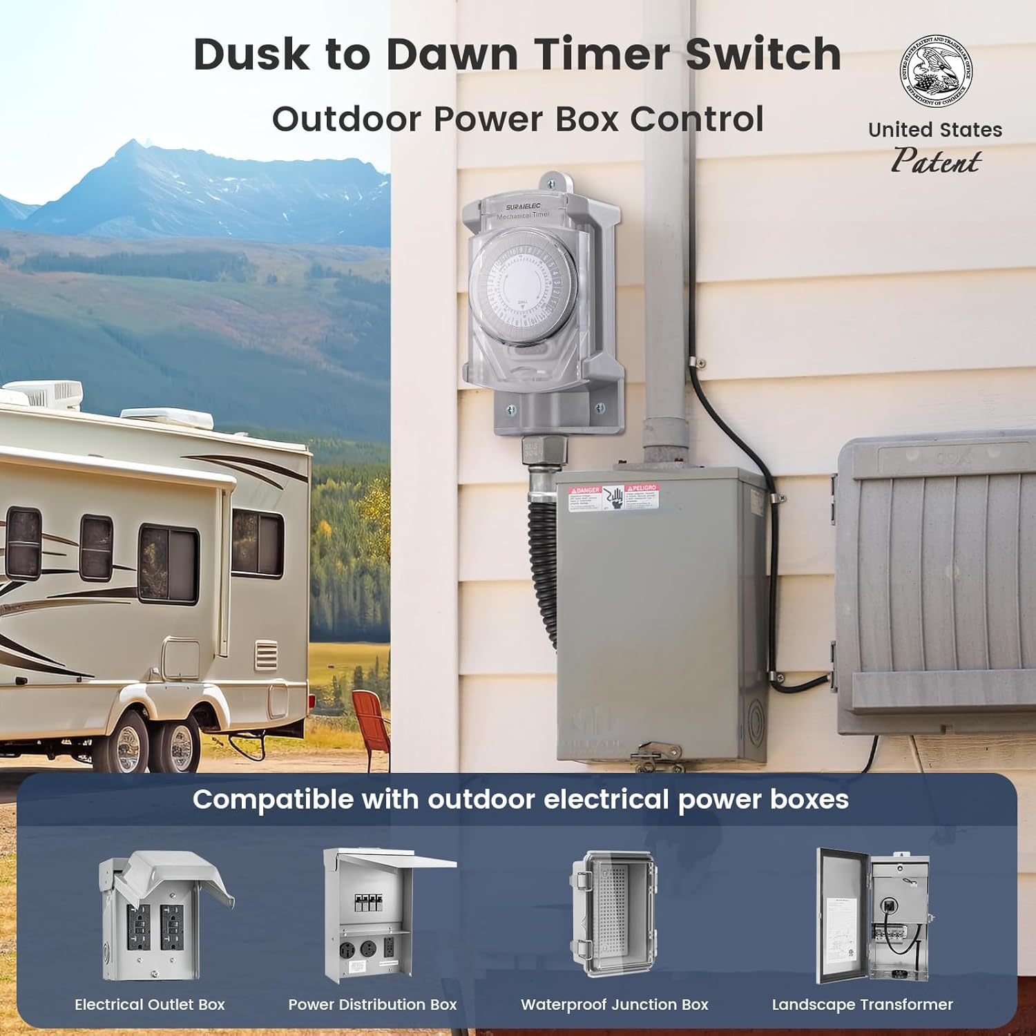 SURAIELEC mechanical timer switch installed on an outdoor wall next to an electrical box, demonstrating compatibility with various outdoor power boxes.