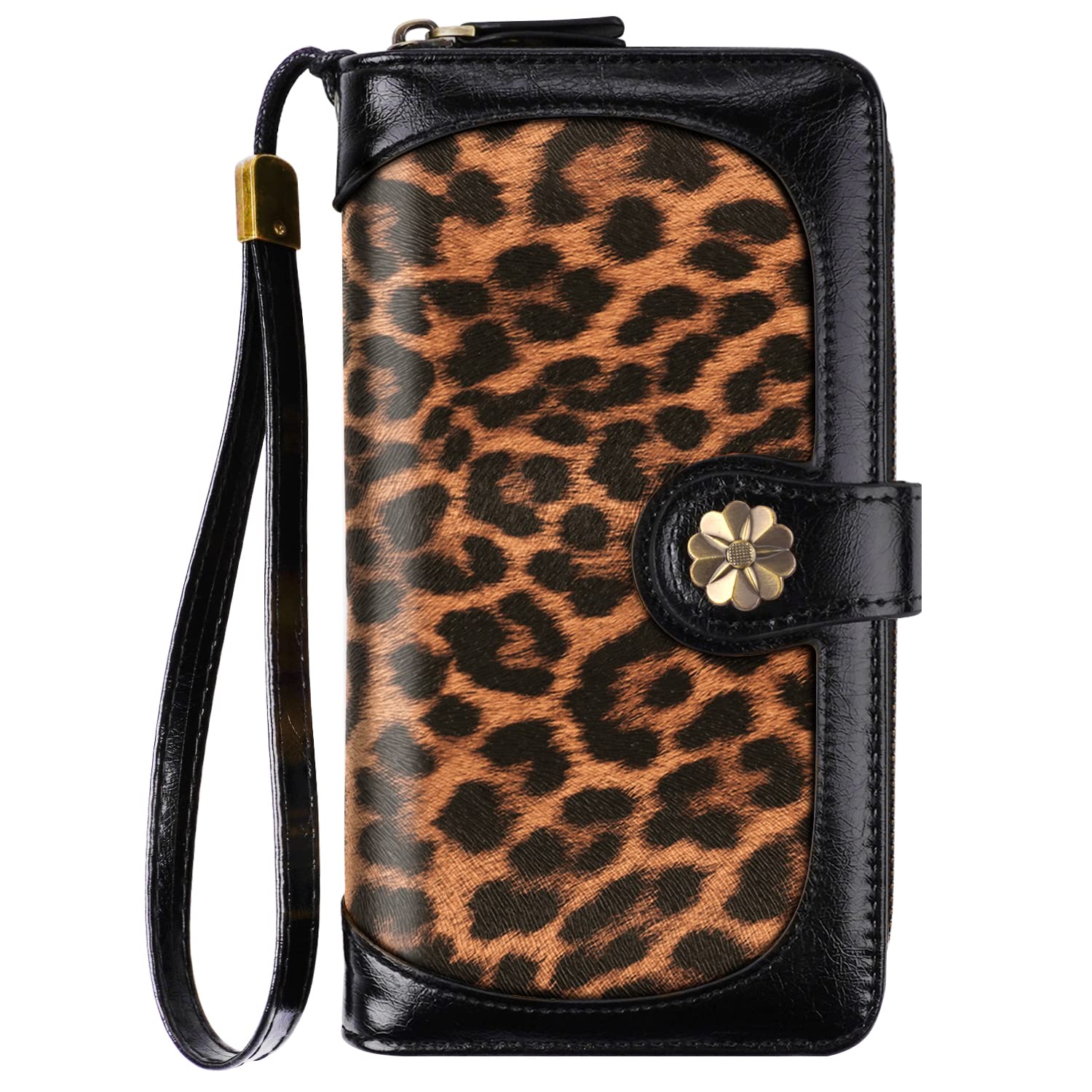 Coco Rossi Women's Black Leopard Animal Print RFID Blocking Multi Card Holder Wallet Clutch with Wrist Strap, 12 Card Slots, Passport & Coin Compartment, Slim Design