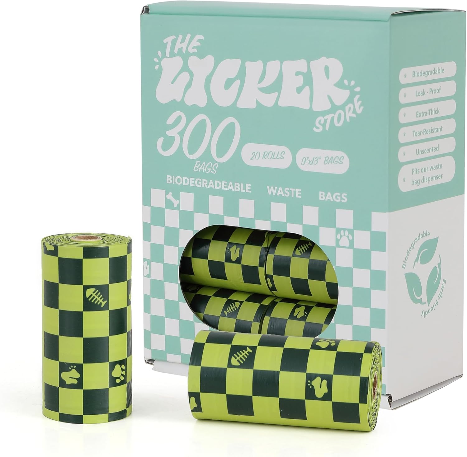 WBG1000B-20SET 13 in. x 9 in. Extra Thick Leak Proof Unscented Biodegradable Dog Poop Bags, Green (300 Count, 20-Rolls)