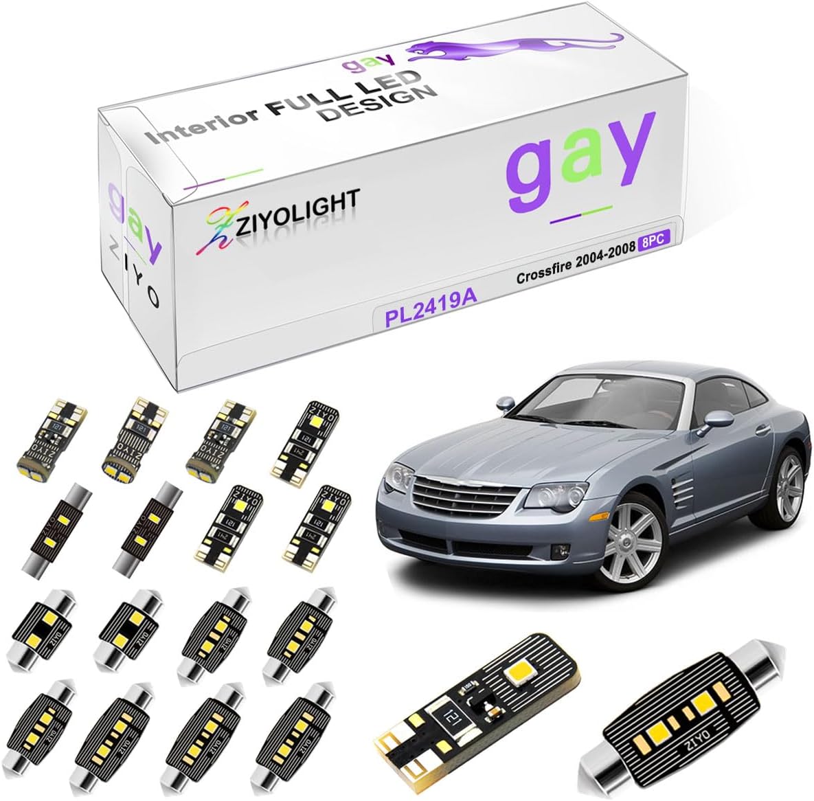 LED Interior Light kit for Chrysler Crossfire 2004-2008 Dome Light Bulbs Replacement Package, 6000K Xenon White LED Lights Accessories Upgrade (8 Bulbs)